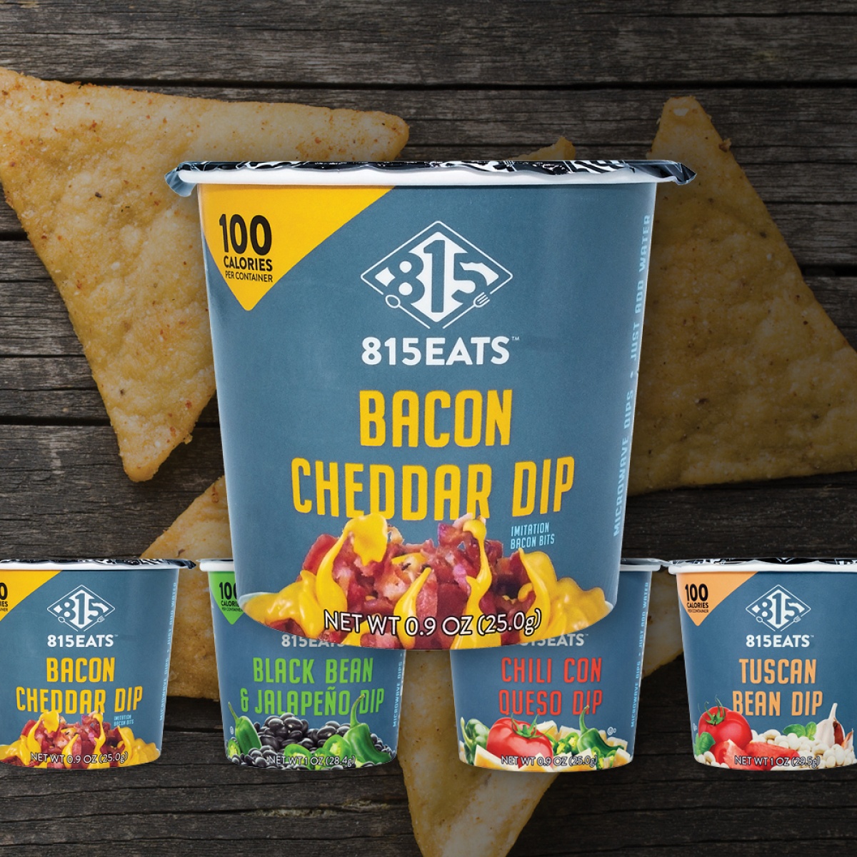 Image of Microwave Dip Cups: Bacon Cheddar, Black Bean & Jalapeño, Chili con Queso, and Tuscan Bean